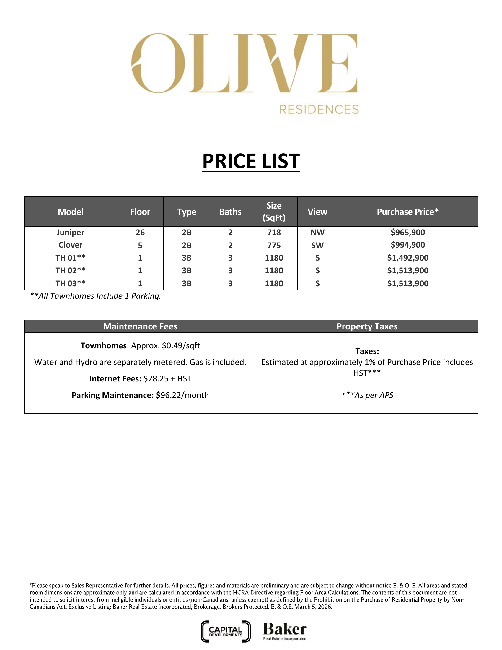 Olive Residences   Price List and Floorplans Package   2026 03 05 page 1
