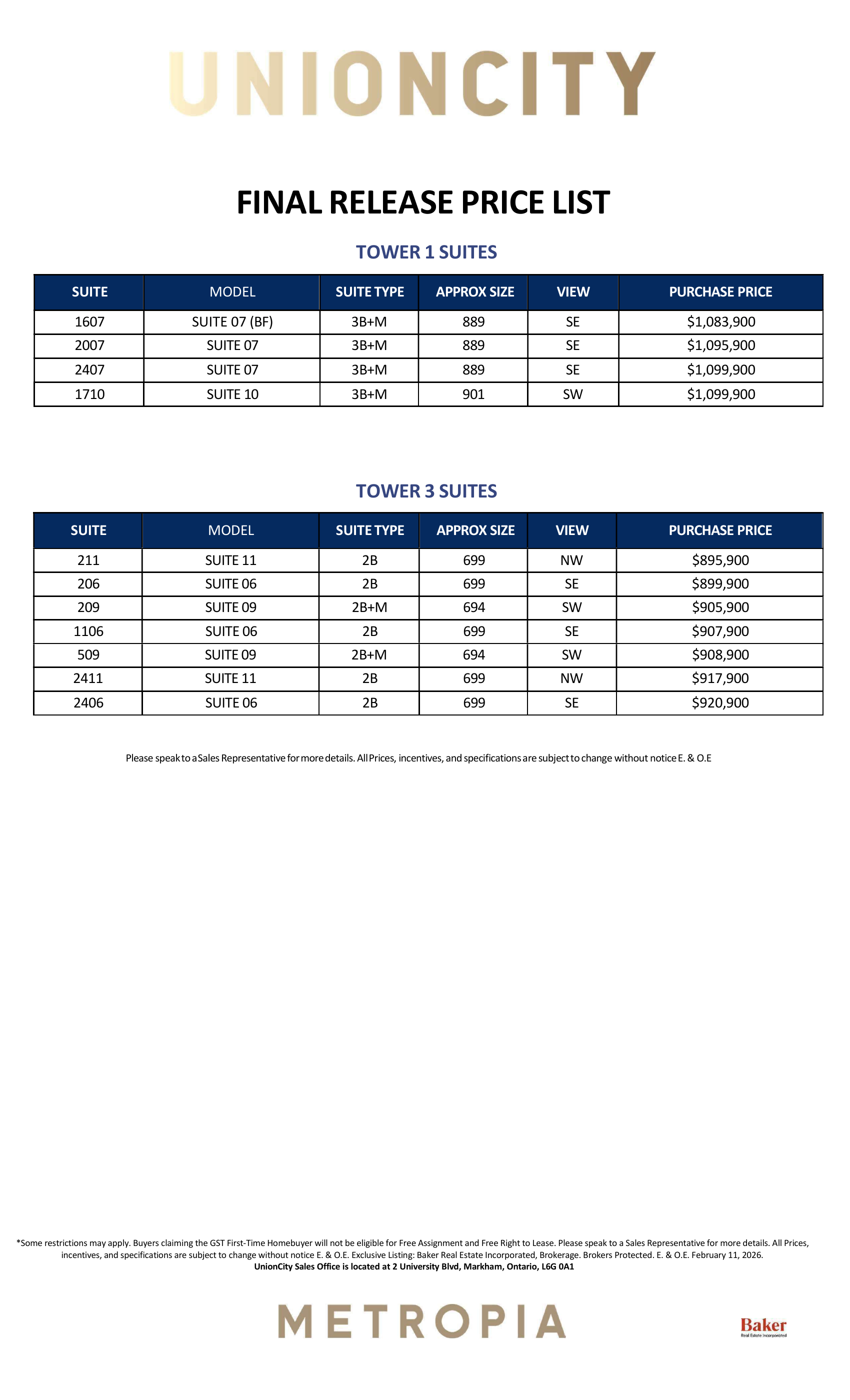 Union City Exclusive Price List & Floorplan Package 2026 02 11 page 1